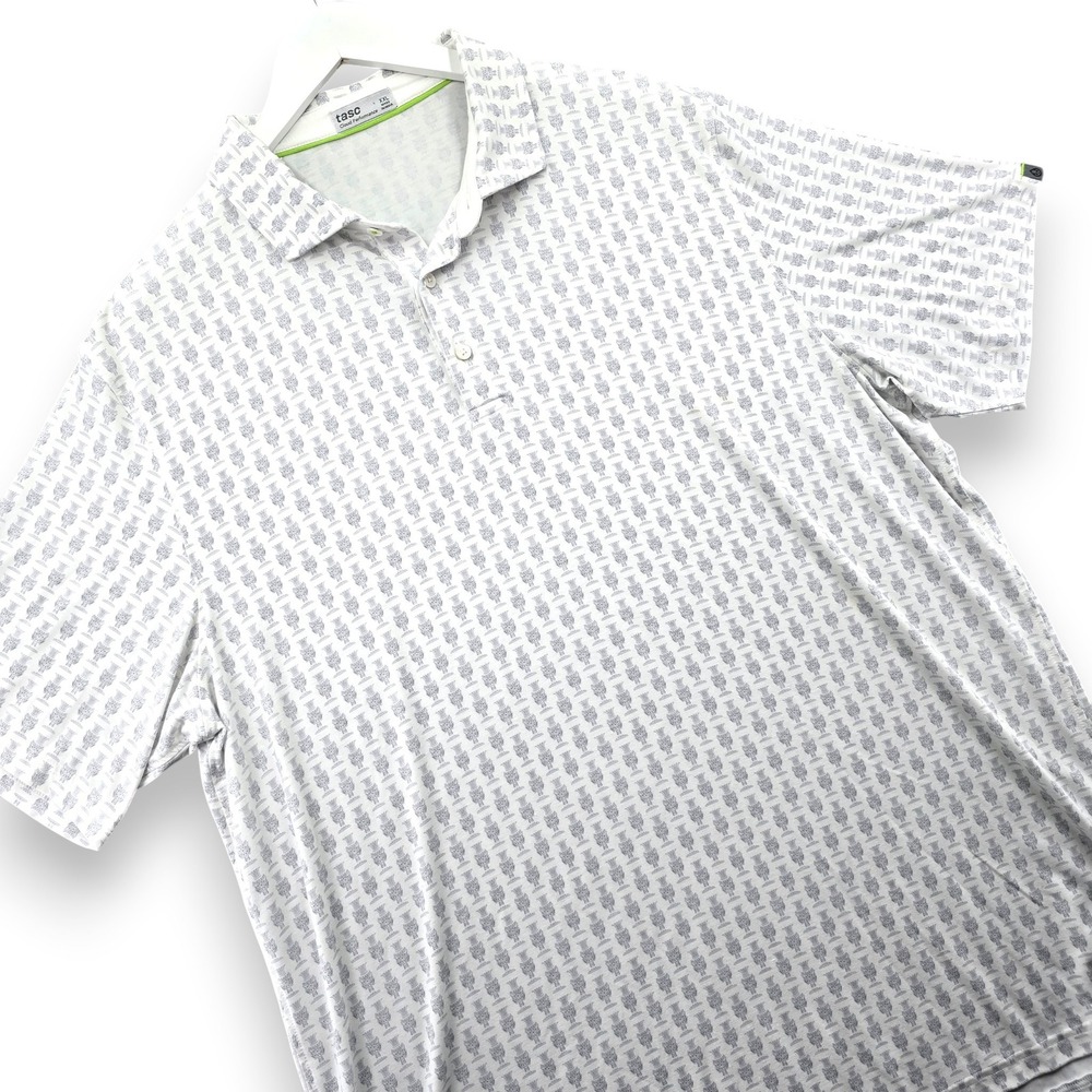 tasc Performance Mens XXL White Grey Thistle Print Cloud Performance Polo Shirt